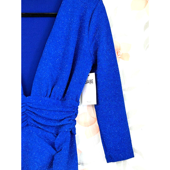 Symphony Ruched Dress Womens Small Blue Lights Down Low Glitter V Neck Plunge - Picture 5 of 14